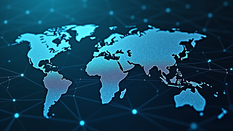 High angle view of a futuristic digital network map representing cyberspace connections