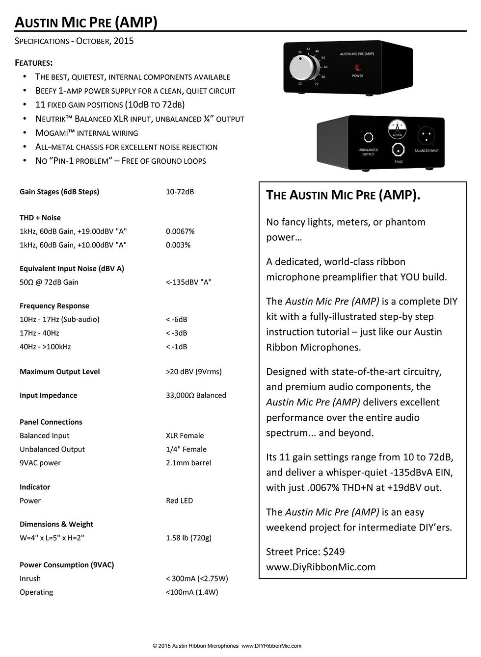 Thumbnail: Picture of the Austin Ribbon Mic preamplifier spec. sheet.