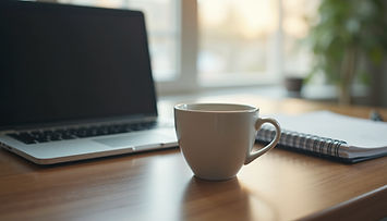 Eye-level view of a tidy office desk with a laptop and a cup of coffee