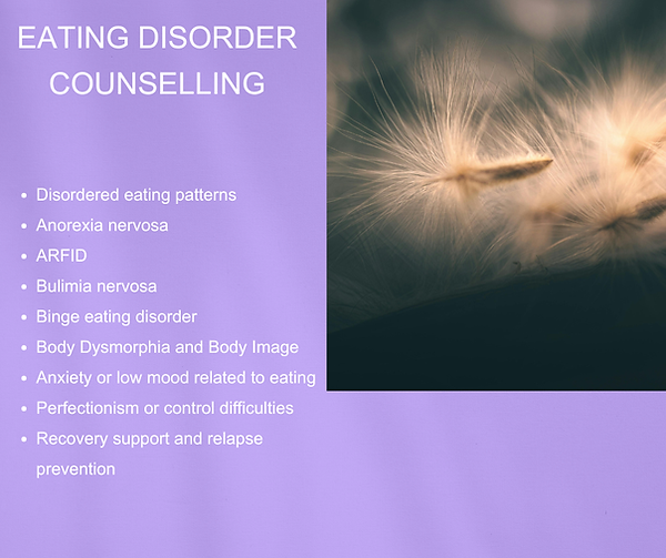 Graphic outlining eating disorder counselling services and areas of support at Evolving Minds Counselling and Psychology