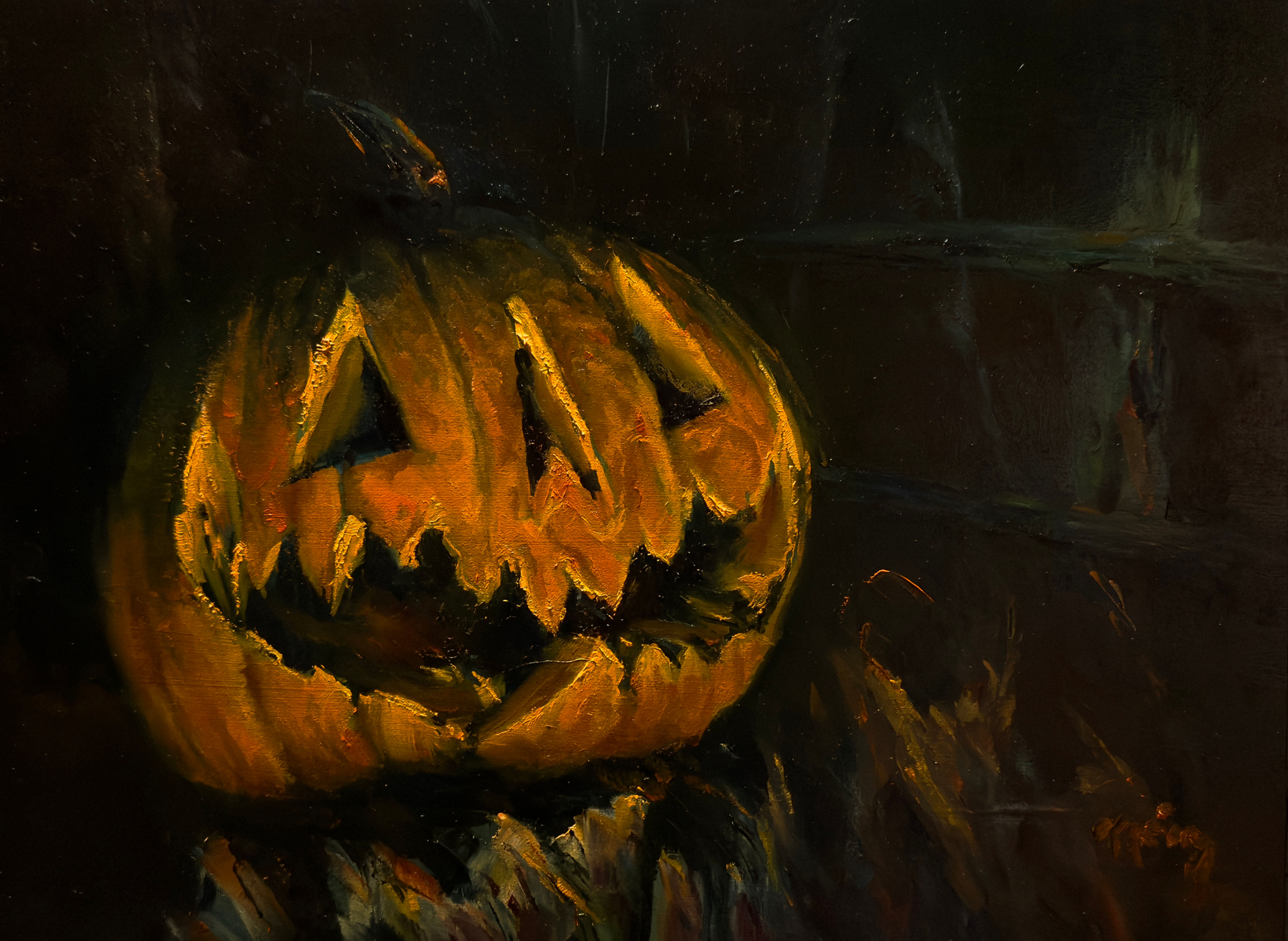 An oil painting portrait of a rotting Jack-O-Lantern.