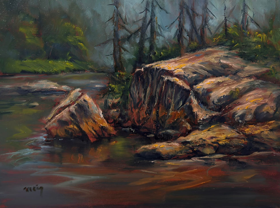 A plein air oil painting of large boulders in a river in the wilderness.