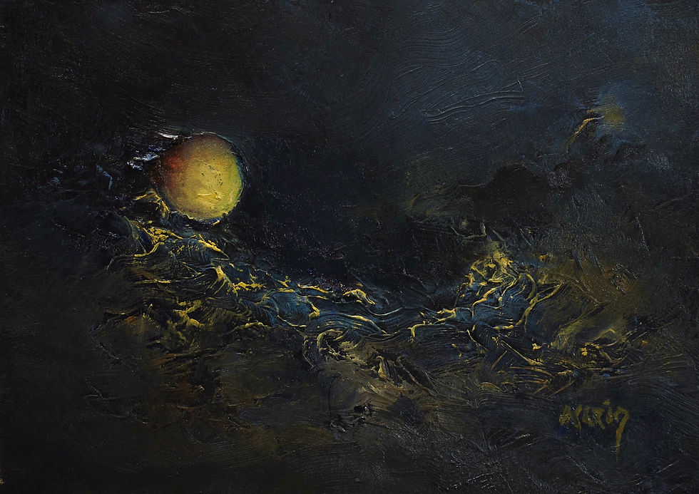 An abstract oil painting of a heavenly body on a horizon of a far away landscape.