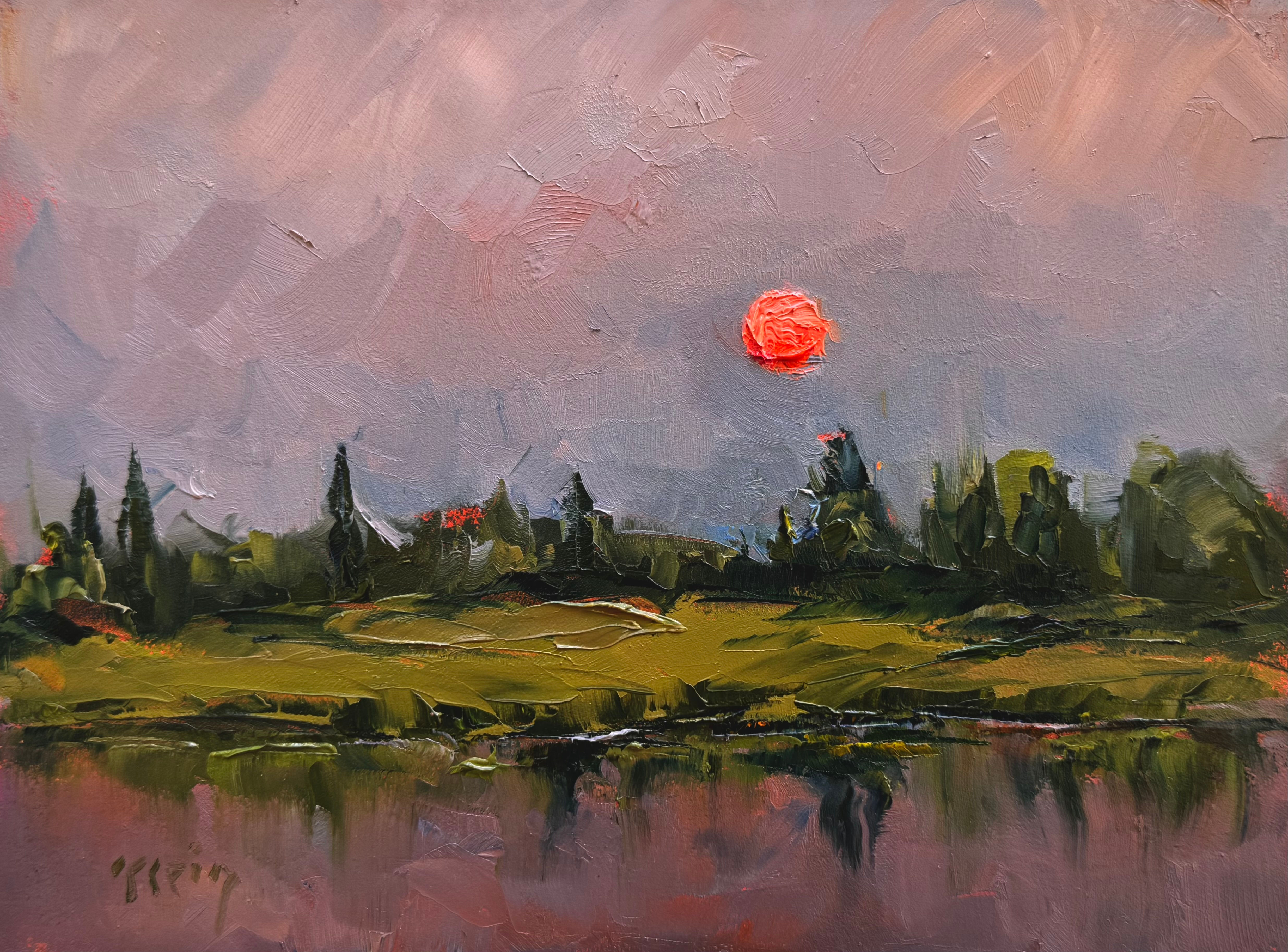 An oil painting of a sunset during the nearby wildfires.