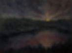A landscape oil painting of a nocturne scene of a full moon rising in the wilderness.
