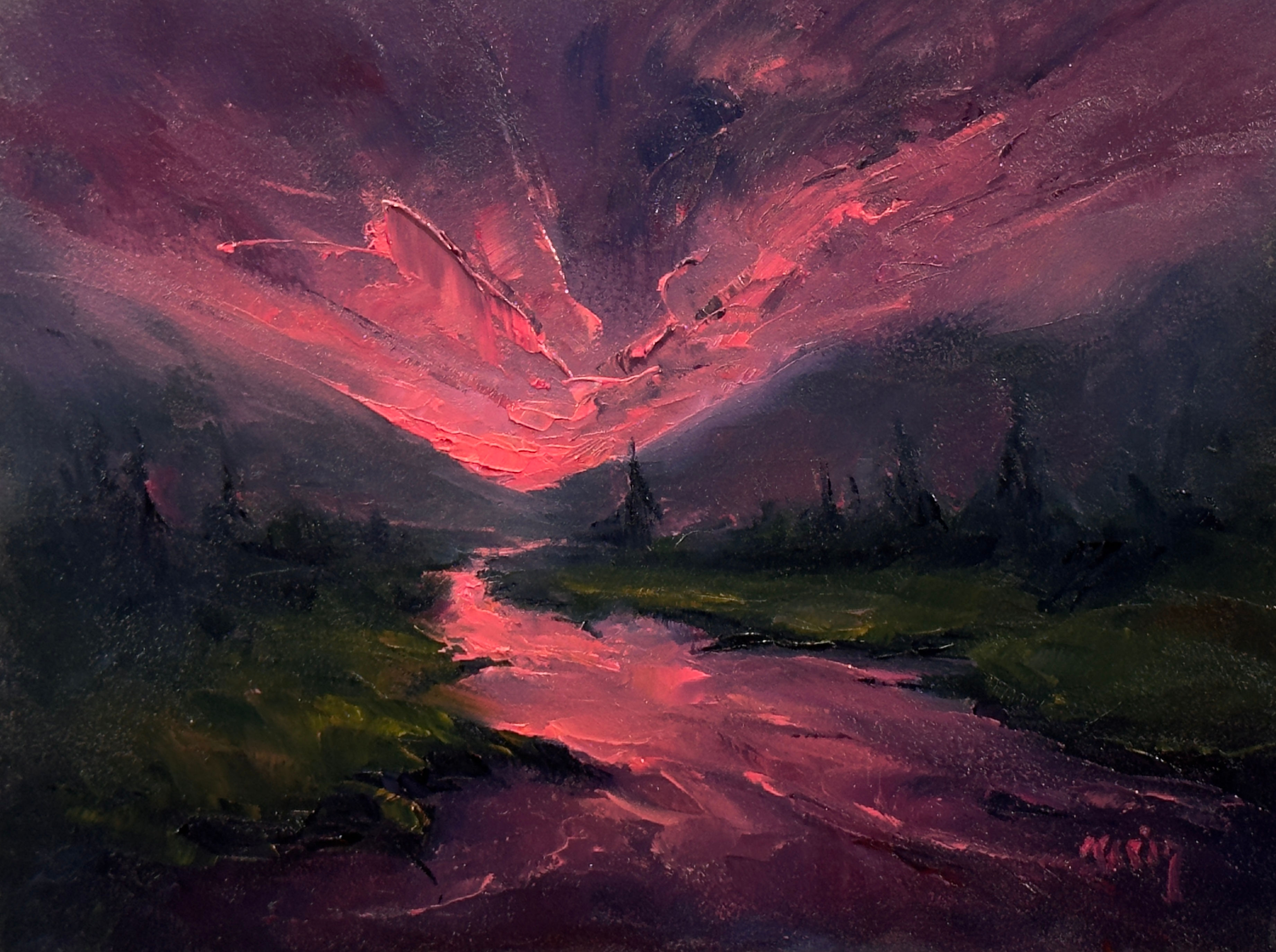 An oil painting of a river sunset deep in the wilderness.