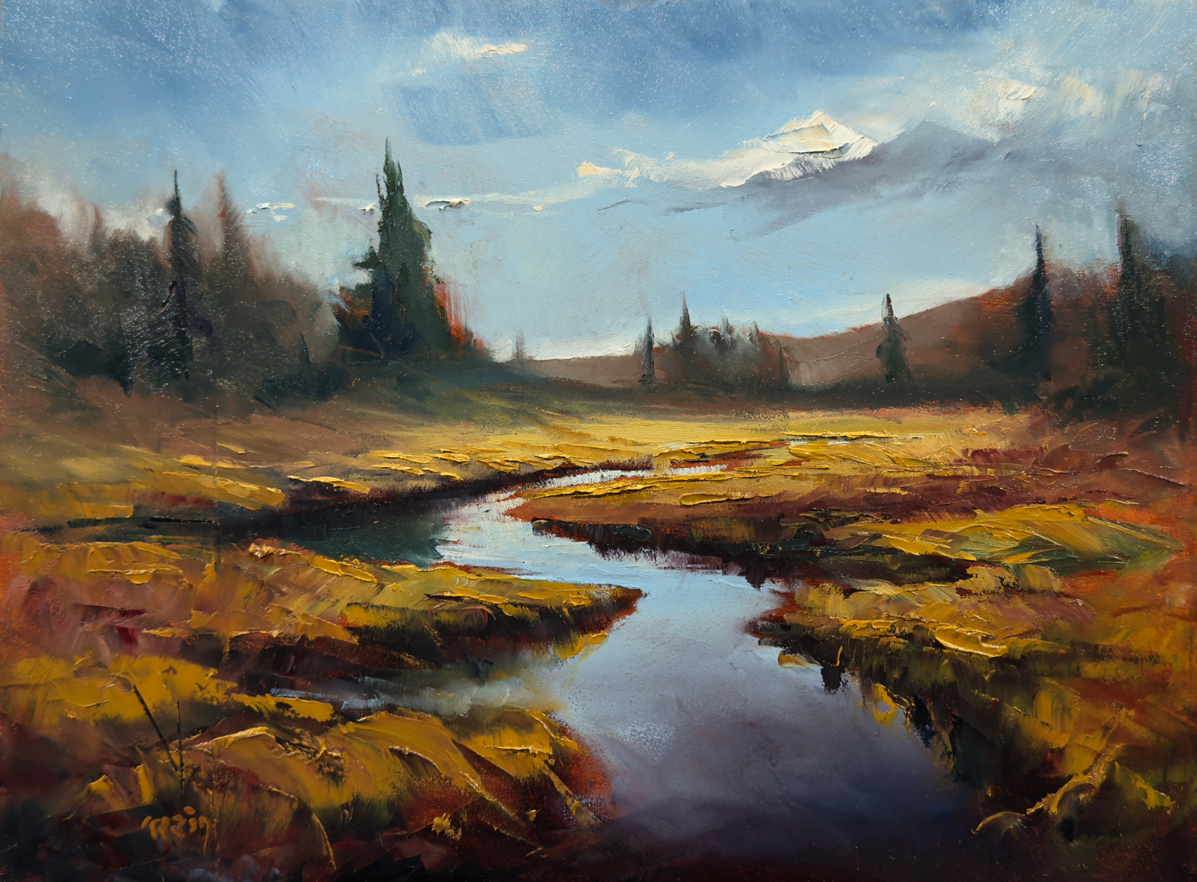 Here is an oil painting of a stream in the middle of the wilderness.