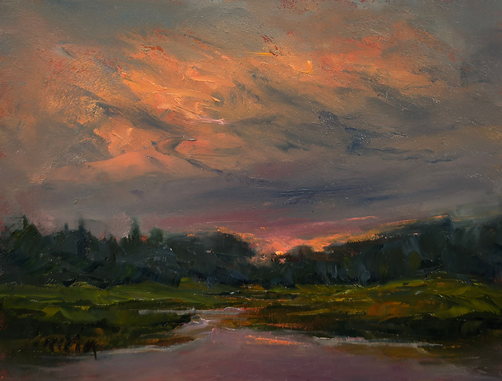 A plein air oil painting of a river sunset deep in the wilderness