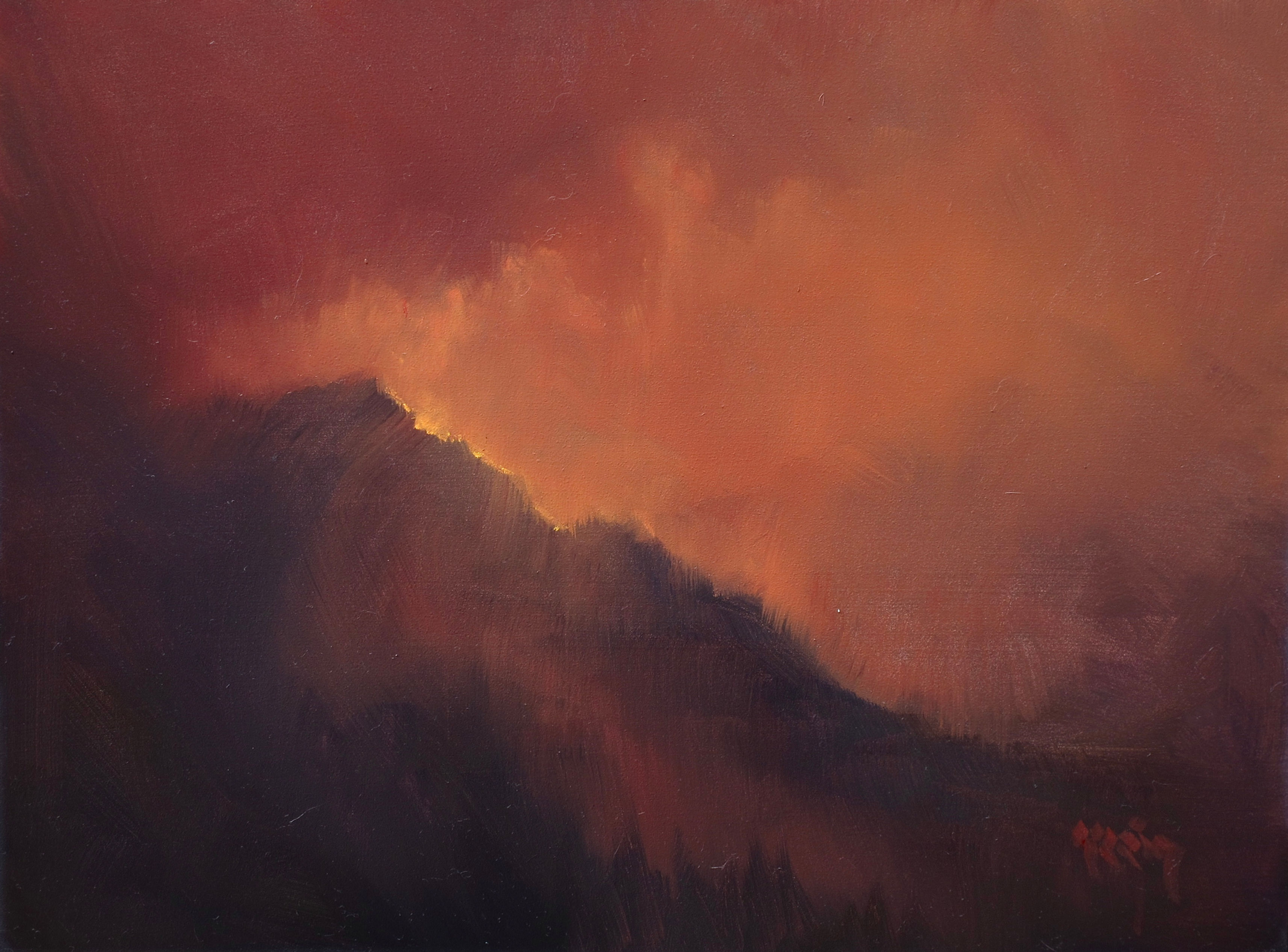 Here is an oil painting of a mountain and a glimmer of sunlight.