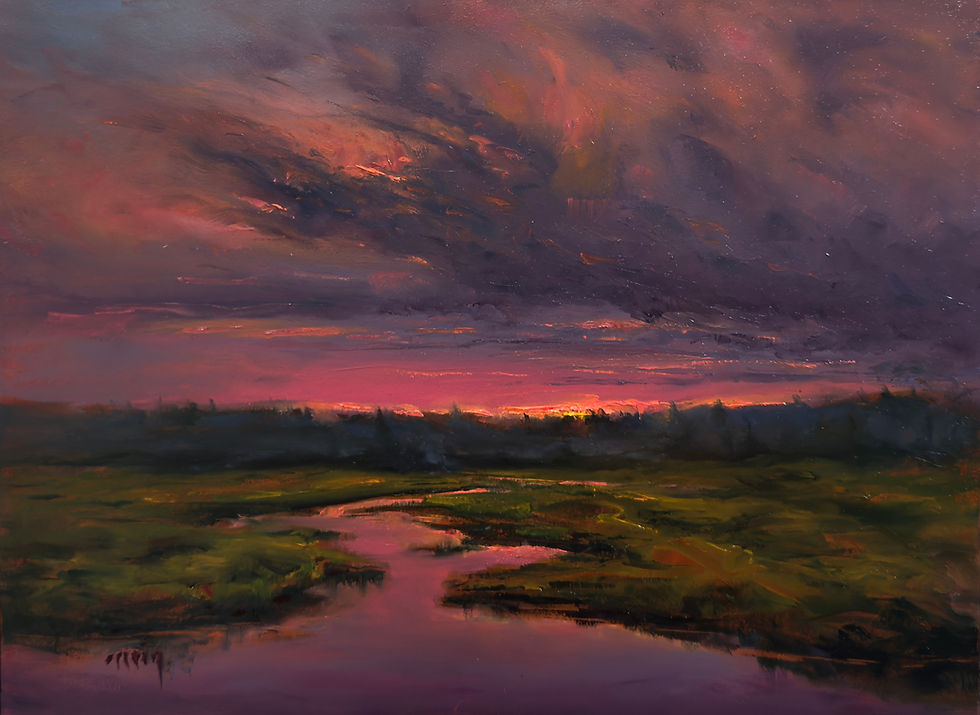 A plein air oil painting of a river sunset deep in the wilderness