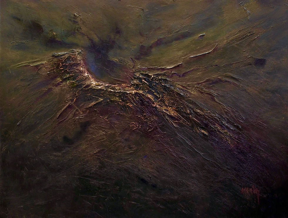 This is an abstract painting depicting an ancient landscape from far above.