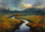 Here is an oil painting of a stream in the middle of the wilderness.