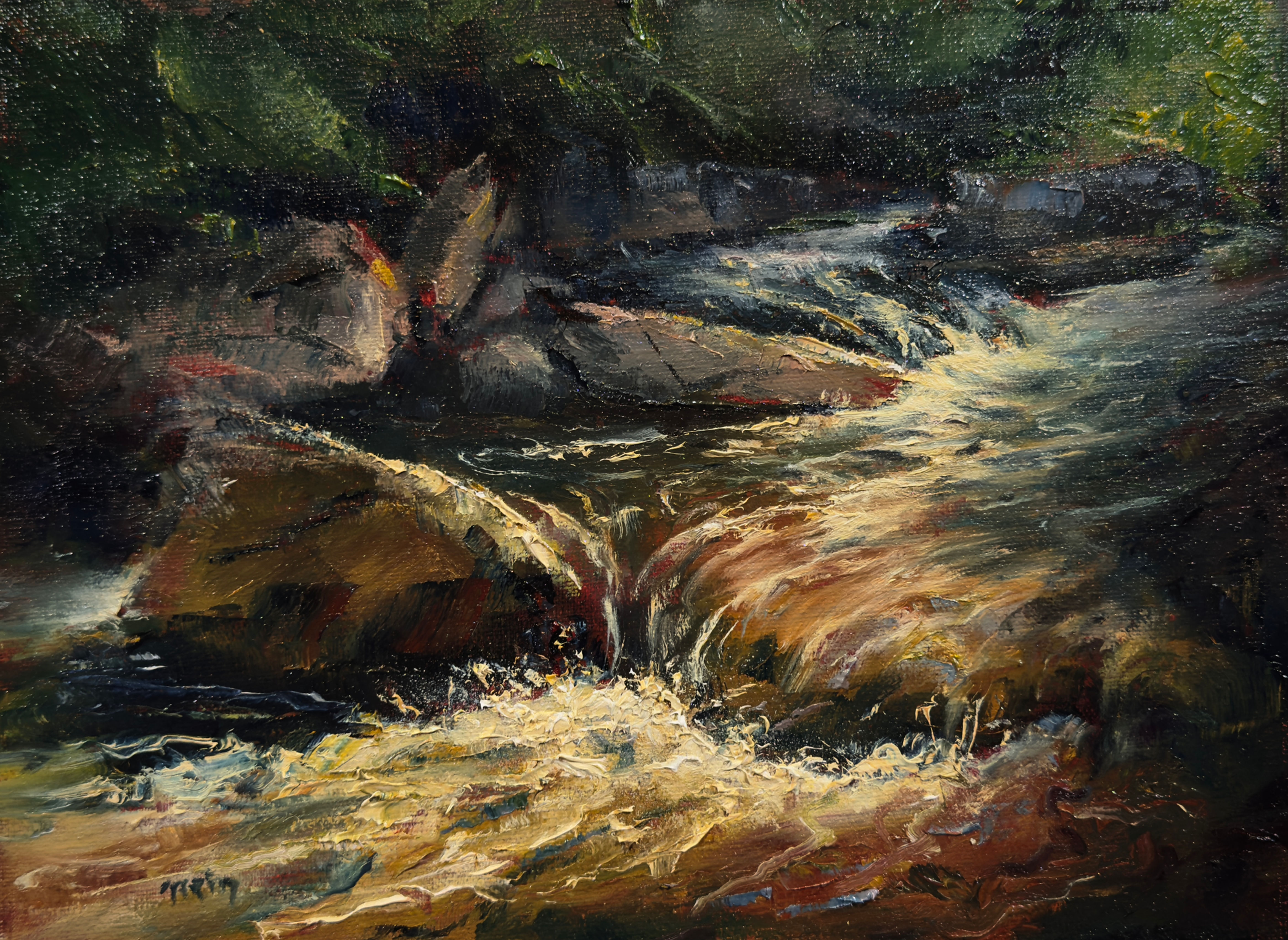 Here is a plein air oil painting of a river deep in the wilderness.