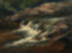 An oil painting of water dancing through boulders in a river.
