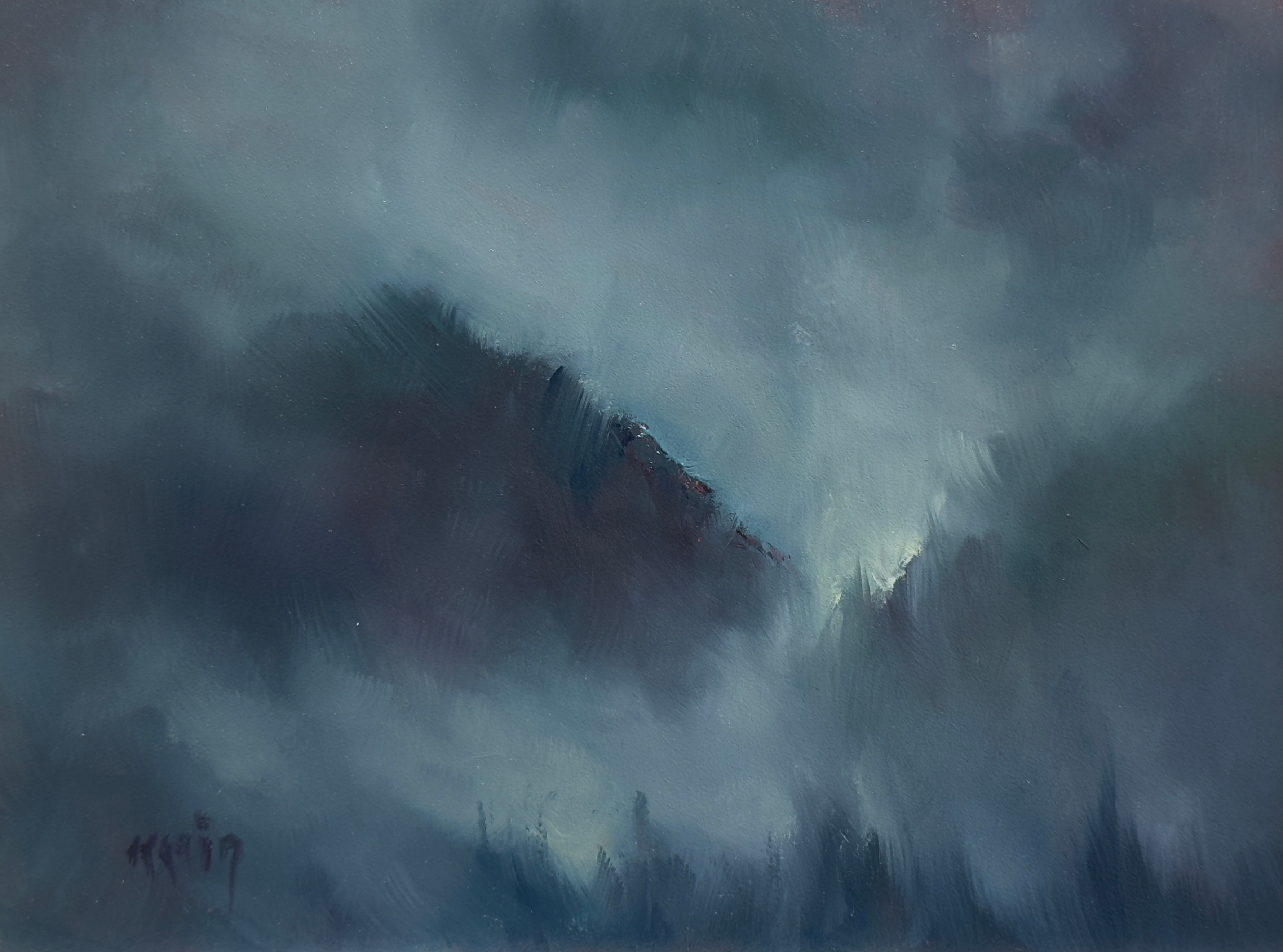 A landscape oil painting of a massive mountain rising out of the fog.