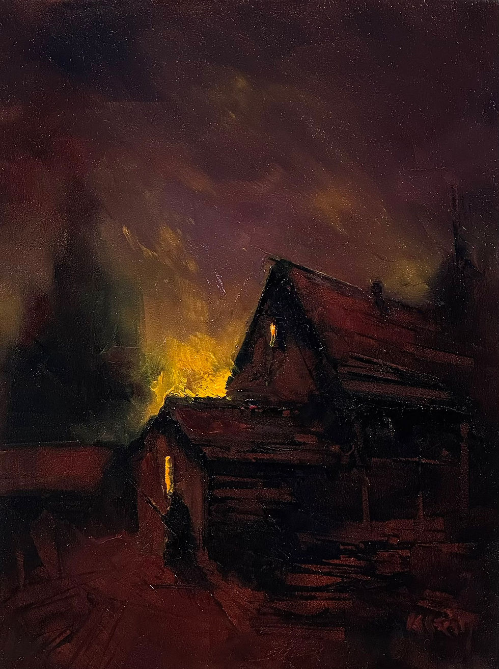 An oil painting of a mysterious figure outside a cabin in the forest at sunset.