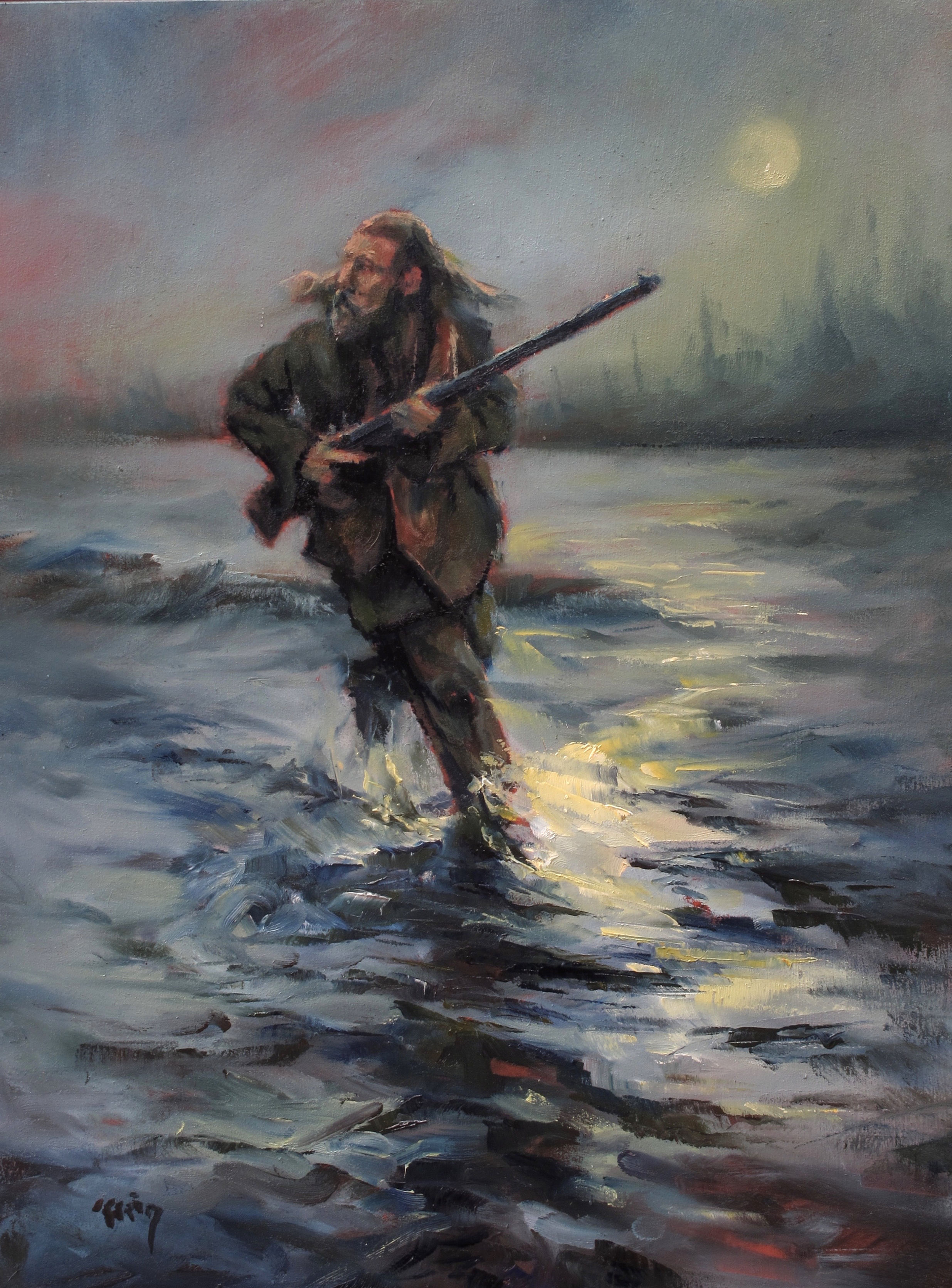 An oil painting of a frontiersman being chased.