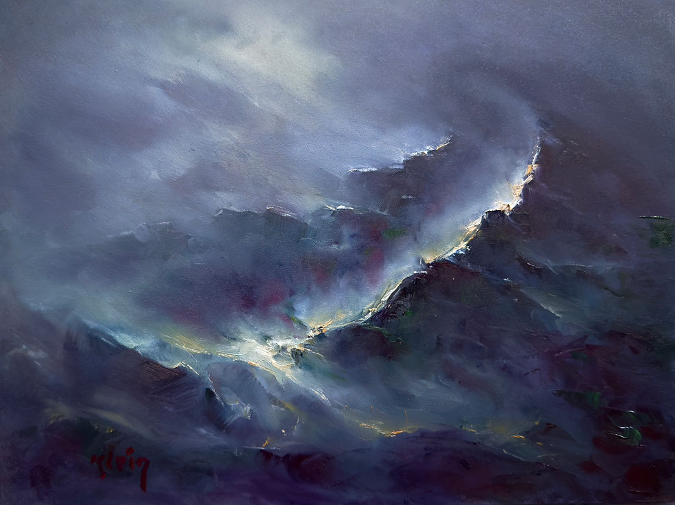 An abstract oil painting of mountains