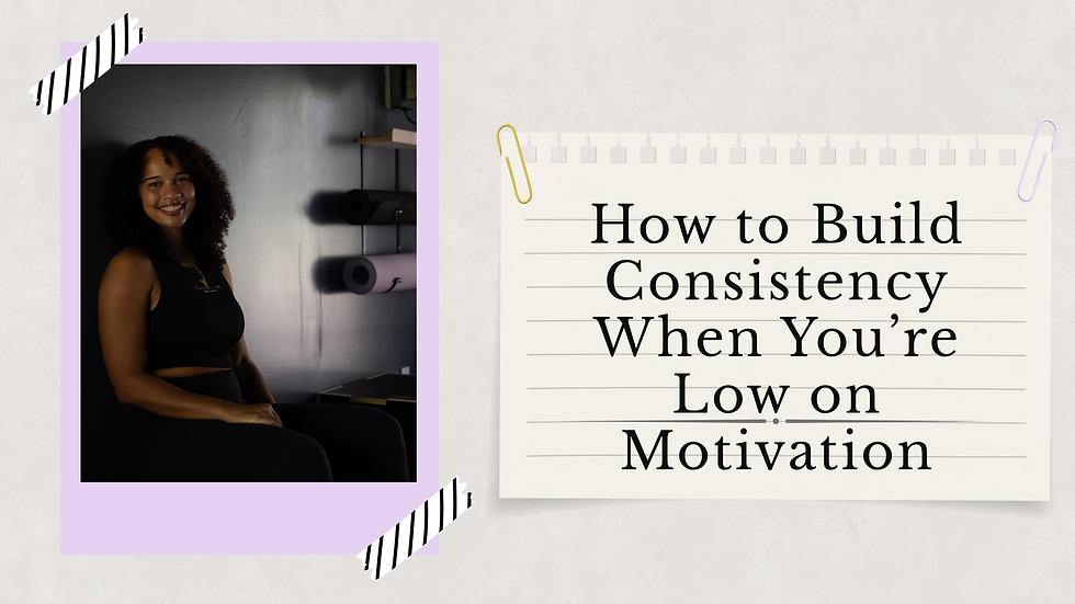 Smiling woman in dark workout clothes beside a note reading How to Build Consistency When You’re Low on Motivation