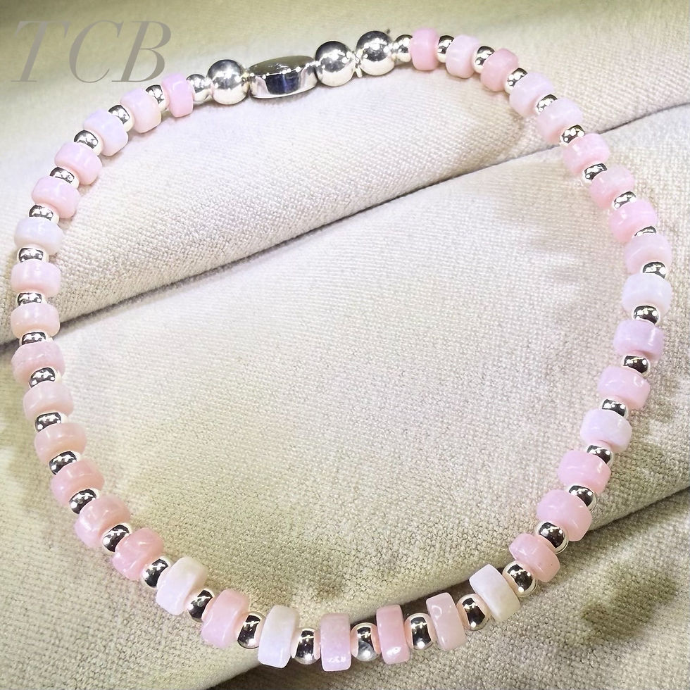 Thumbnail: Handmade Pink Opal Disc Gemstone Stacking Bracelet With Silver Beads: Sterling Silver 925