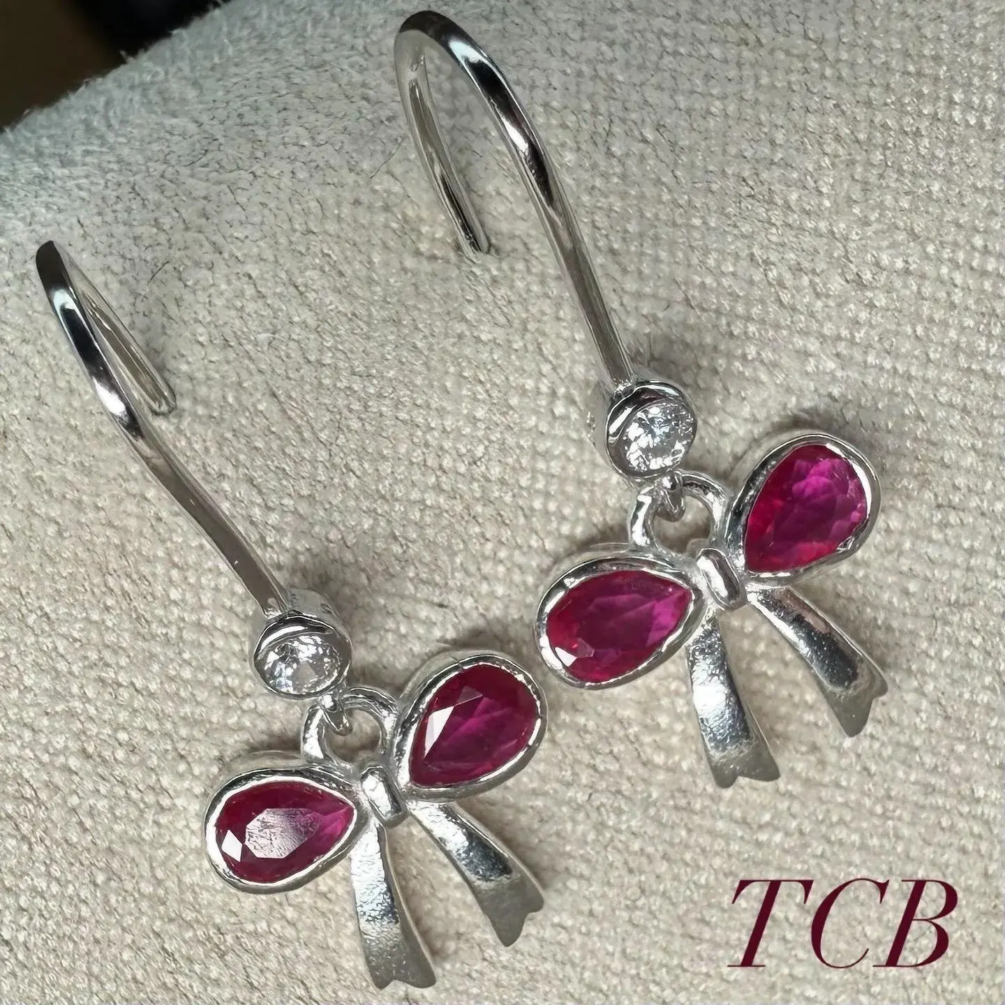 Sparkling Cerise Pink Bow Charm Earrings: Silver 925