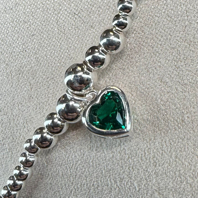 Thumbnail: Stunning Handmade Stackable Beaded Bracelet With Emerald Green Heart Charm - Sterling Silver 925