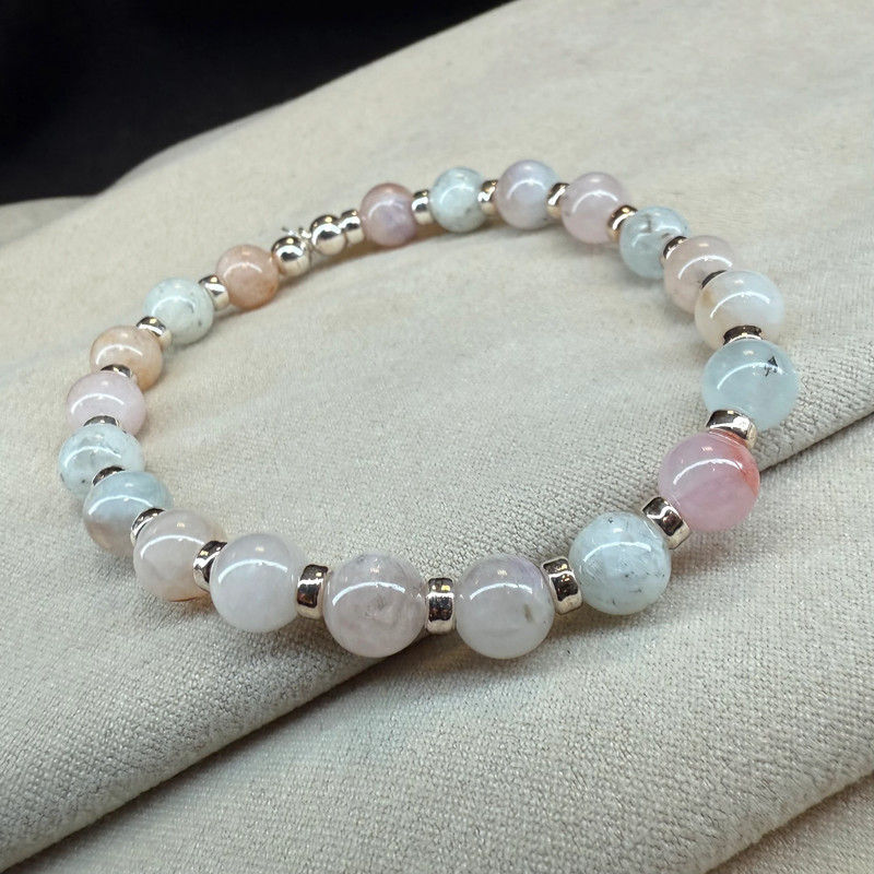 Thumbnail: Morganite Gemstone Stacking Bracelet With Silver 925 Spacers and Beads.