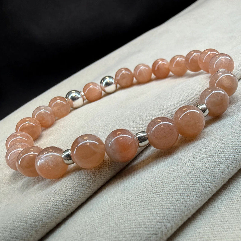 Thumbnail: Natural Sunstone Quartz Gemstone Stacking Bracelet With Silver 925 Spacers Beads
