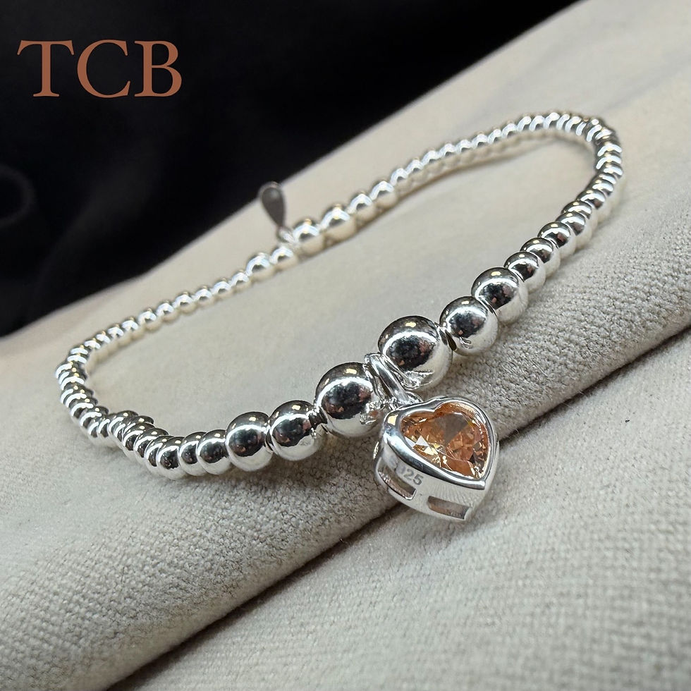 Stunning Champagne Heart Charm On Elasticated Beaded Stacking Bracelet, Handmade. Sterling Silver 925