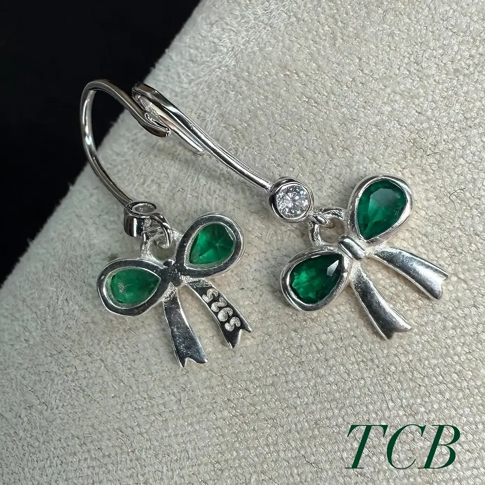 Thumbnail: Sparkling Hunter Green Bow Charm Earrings: Silver 925