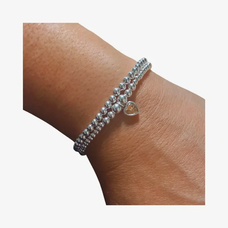Thumbnail: Stunning Champagne Heart Charm On Elasticated Beaded Stacking Bracelet, Handmade. Sterling Silver 925