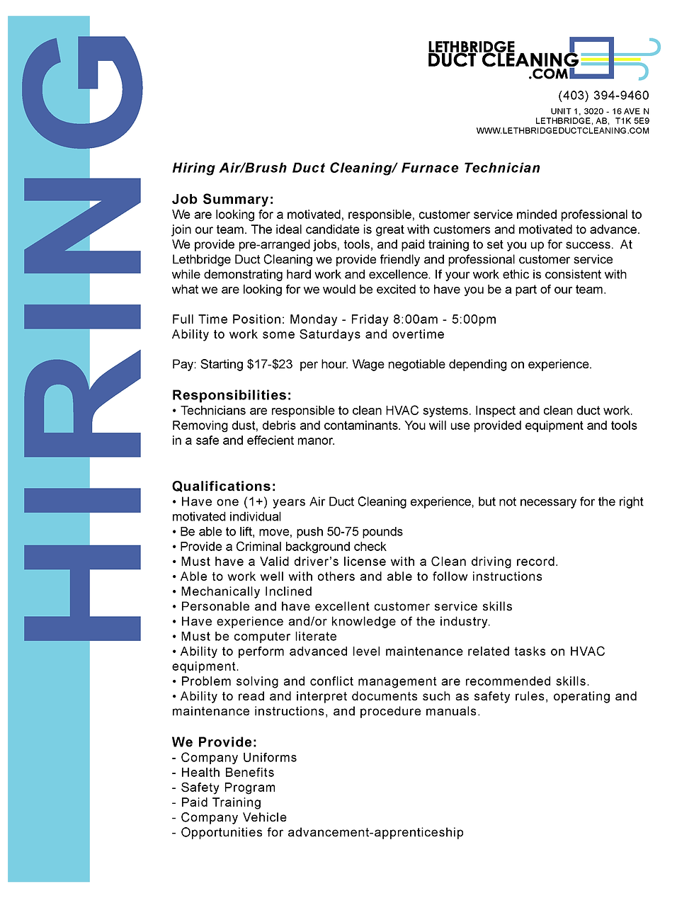 Lethbridge Duct Cleaning is now Hiring