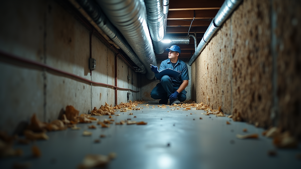 Eye-level view of HVAC technician inspecting air ducts in a residential basement