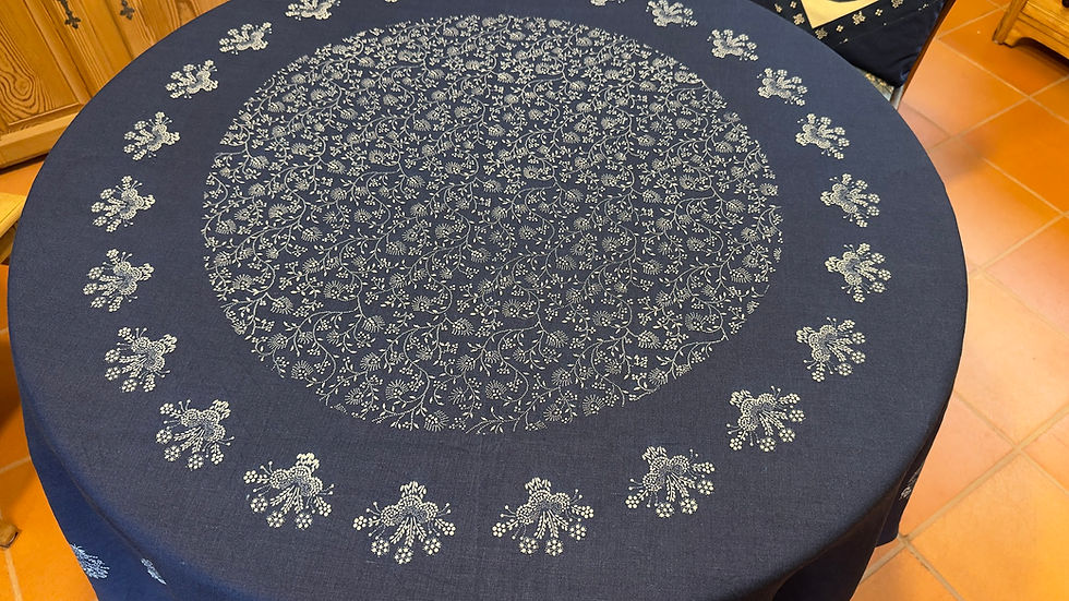 Miniaturbild: Runde Leinen-Decke mit Blumenmuster Doppelblau & handgefertigt