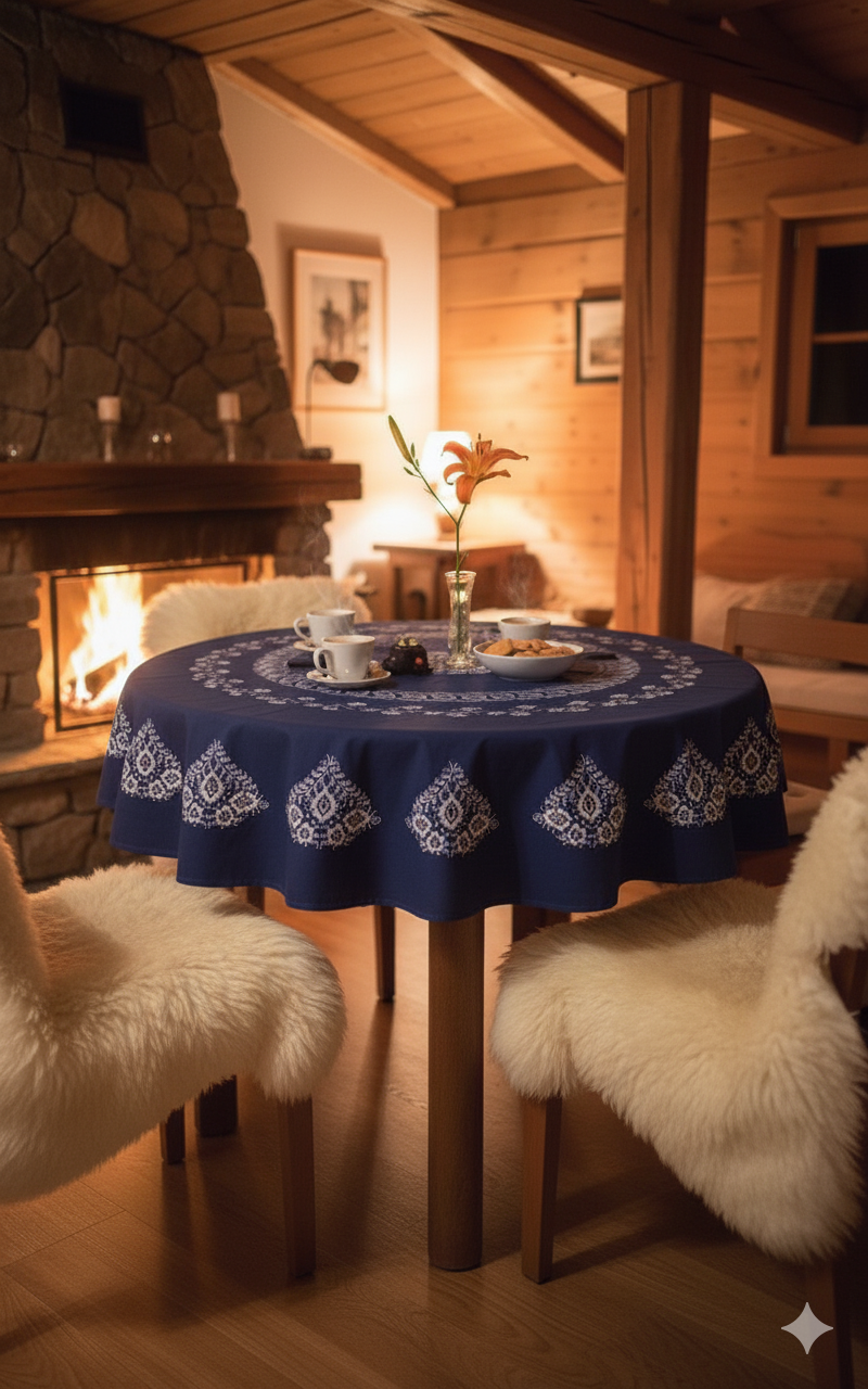 Miniaturbild: Runde Blaudruck-Decke mit Blumenkante