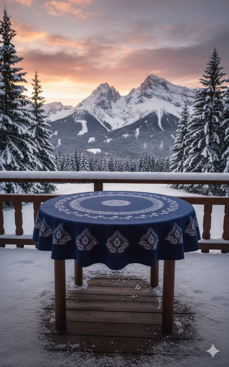 Miniaturbild: Runde Blaudruck-Decke mit Blumenkante