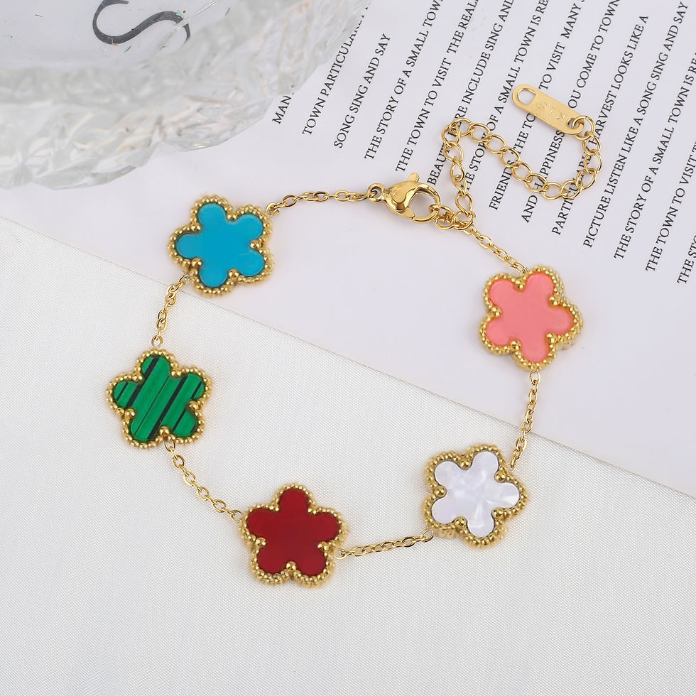 Thumbnail: White Black Red Green Shell Five Leaf Flower Stainless Steel Ladies Bracelet Sim