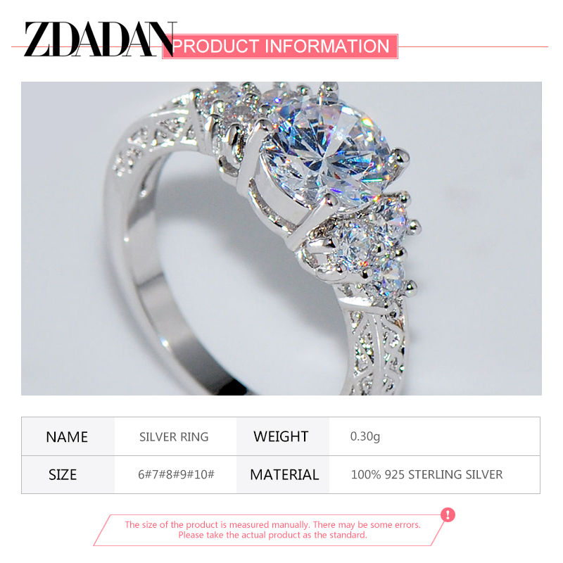 Thumbnail: ZDADAN 925 Sterling Silver 8MM Zircon Finger Ring For Women Fashion Wedding Jewe