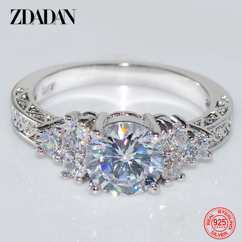 Thumbnail: ZDADAN 925 Sterling Silver 8MM Zircon Finger Ring For Women Fashion Wedding Jewe