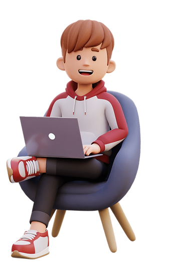 3D character sitting in armchair using laptop