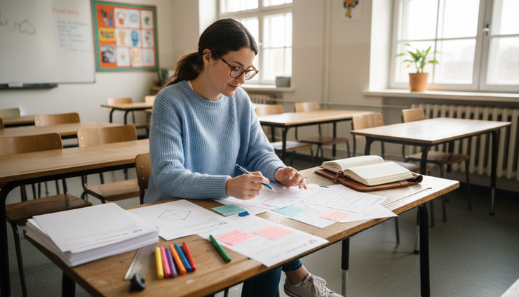 Eye-level view of a teacher reviewing sample student work at a classroom table