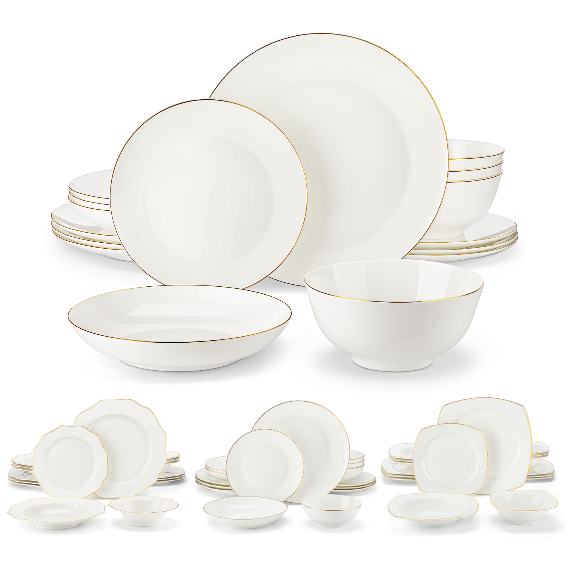 MALACASA 16/32-PCS Nordic European Golden Rim White Bone China Tableware Set wit