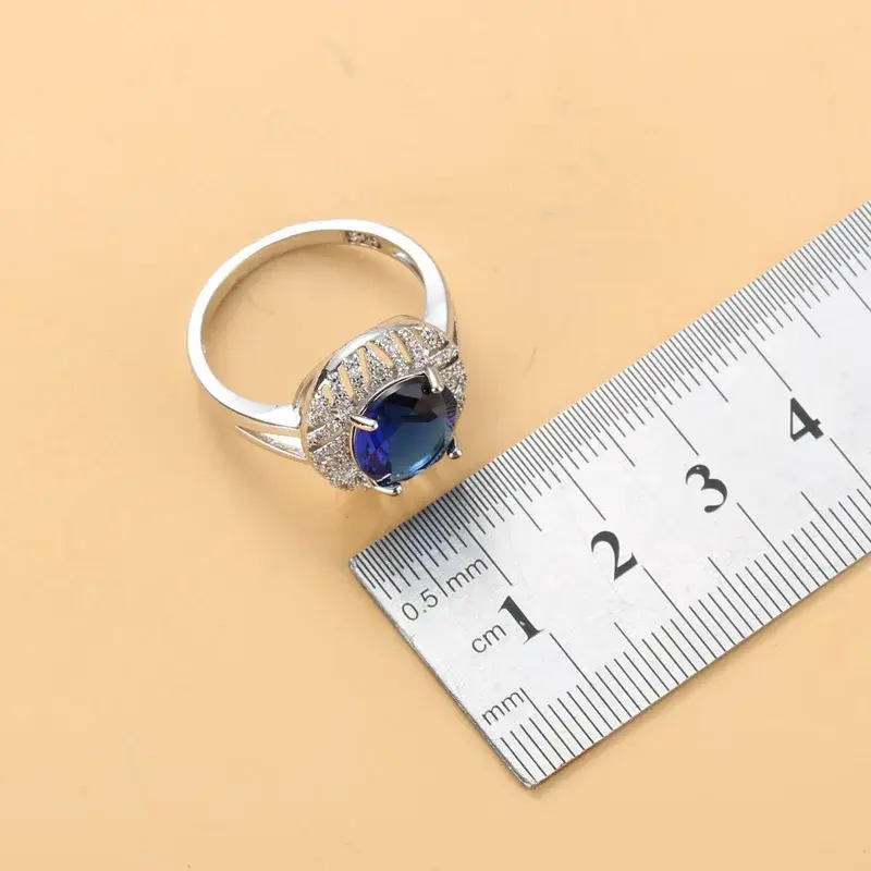 Thumbnail: Natural CZ Blue 925 Silver Dangle Clip Earrings and Ring Set