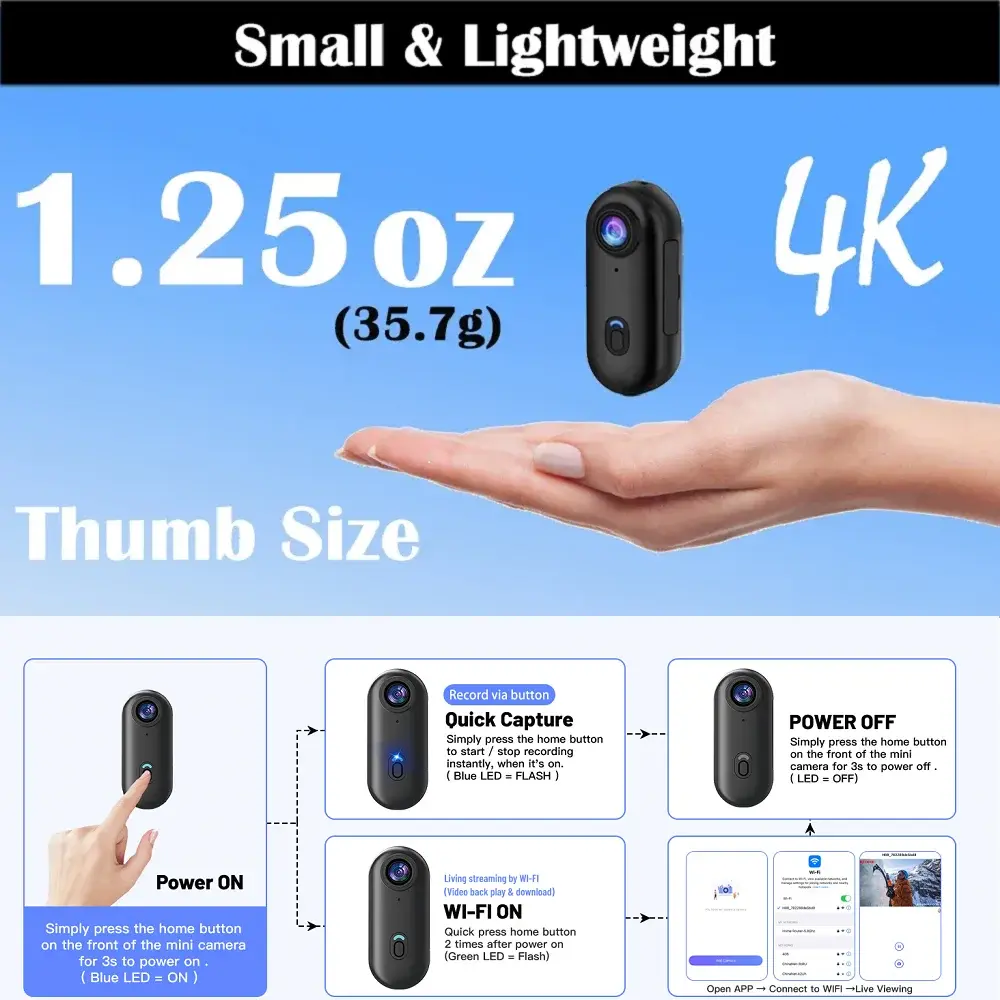 Magnetic 4K POV Mini Body Camera Necklace – Ultra-Compact Waterproof Action Cam