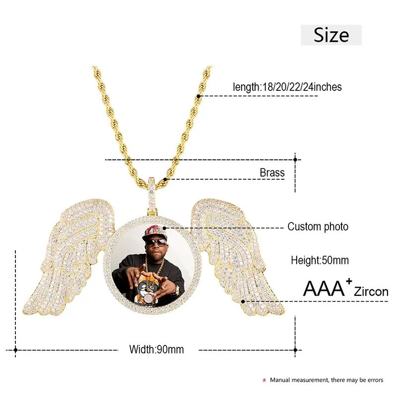 Thumbnail: Angel Wings Medallions Custom Photo Pendant Necklace for Men Hip Hop Jewelry