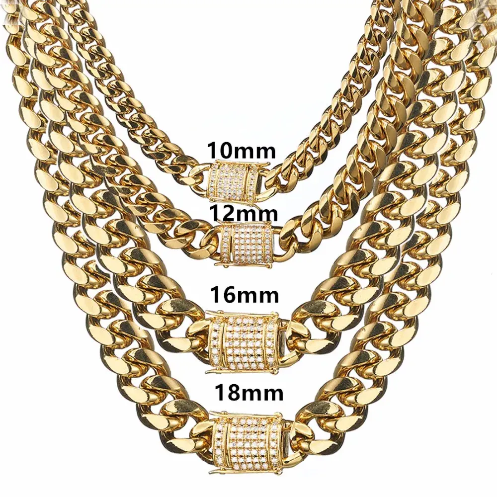 8/10/12/14/16/18mm Trendy 316L Stainless Steel Gold Color Miami Cuban Curb Link