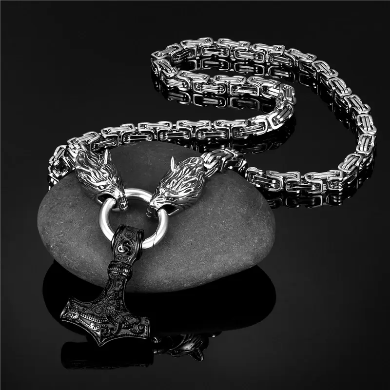Thumbnail: Never Fade Men Celtic Wolf Necklaces Viking Vegvisir Amulet Hammer Pendant