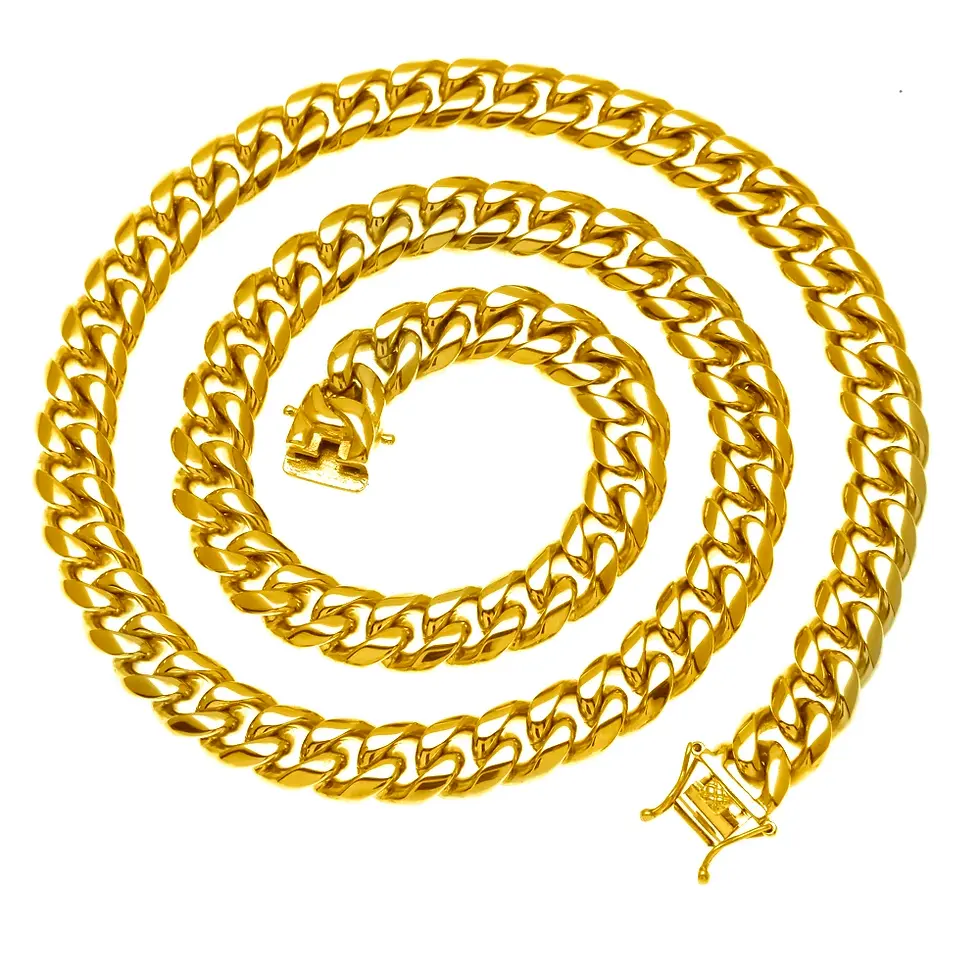 Thumbnail: 8/10/12/14mm Stainless Steel Cuban Chain Necklace Punk Heavy 24K Gold Plated