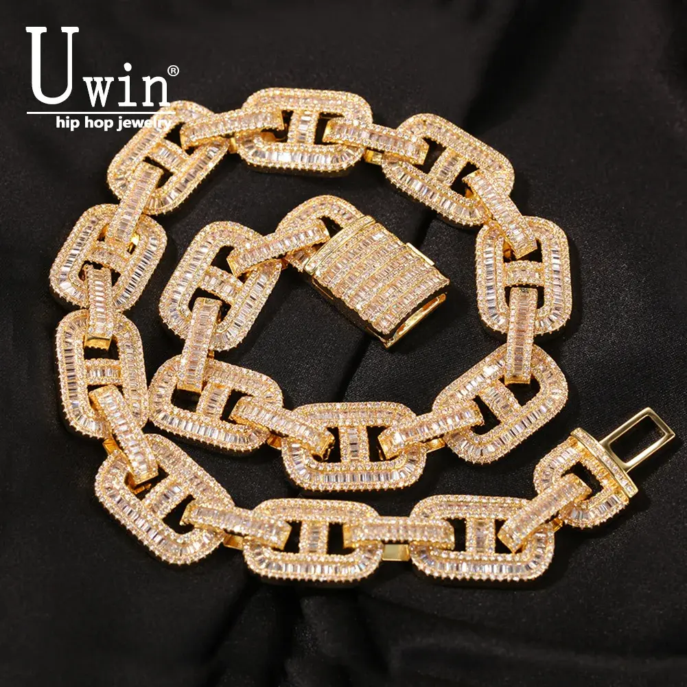 Uwin Miami Necklaces 15mm Cuban Link CZ Baguette Prong Setting Iced Out Zircon