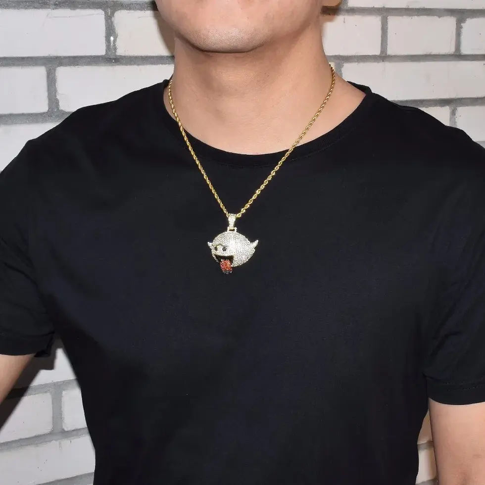 Thumbnail: Bubble Letter Flying Ghost Hip Hop Pendant Gold Color Bling Cubic Zircon Men's